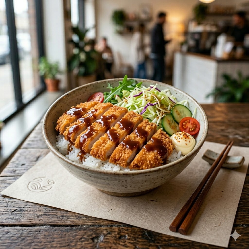 Rice Bowl Chiken Katsu dengan nasi, ayam katsu, dan saus